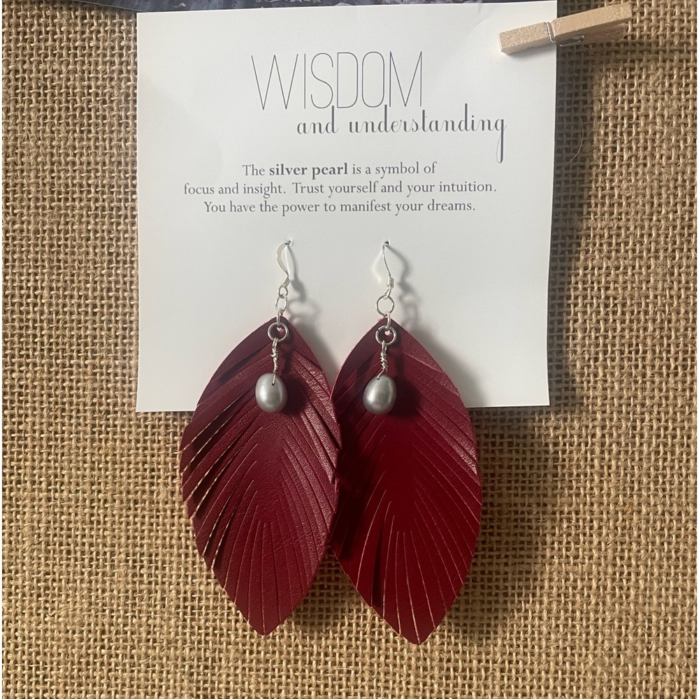 Red/Burgundy leather like feather earrings with silver fresh water pearl.